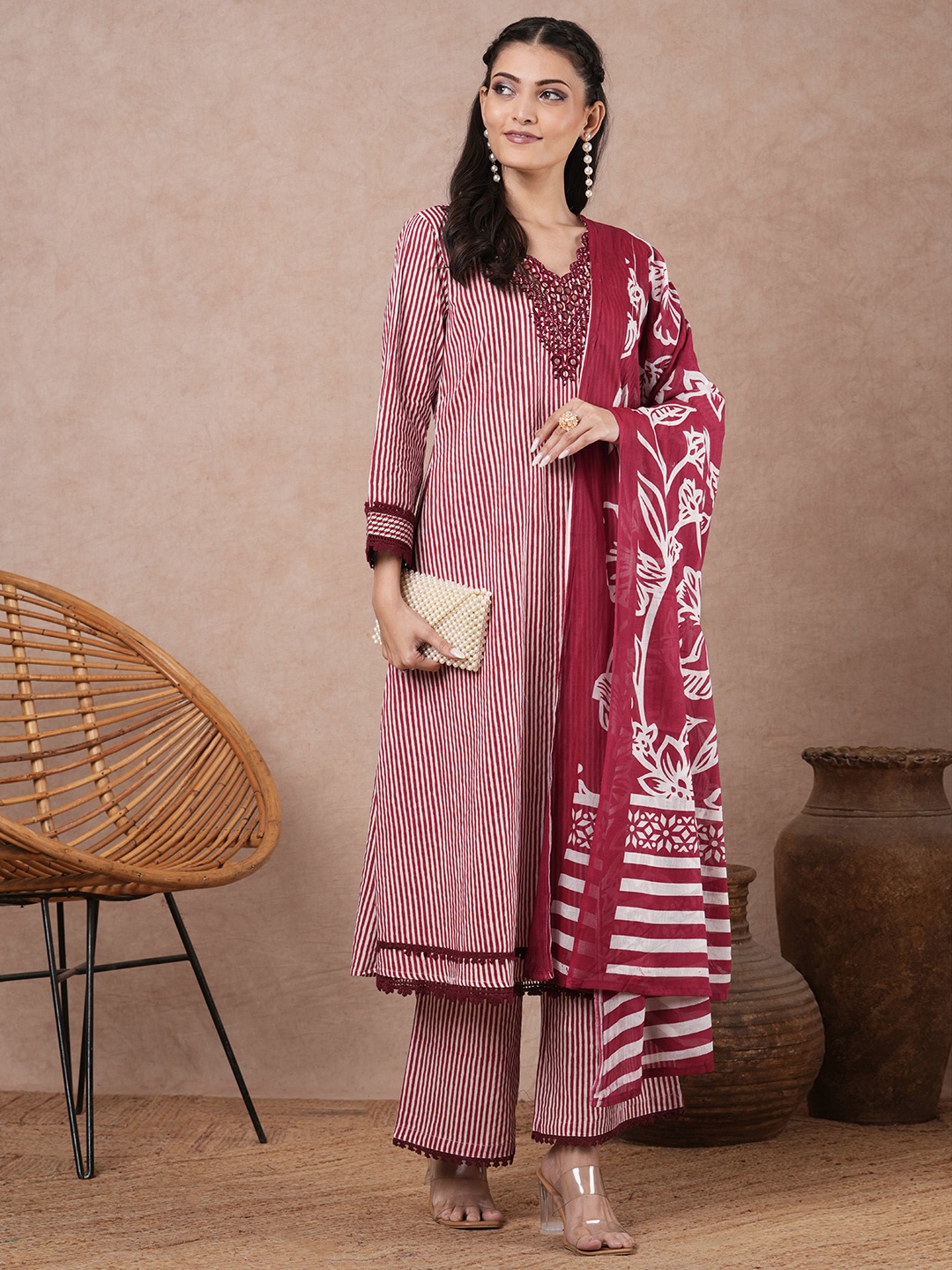 

FASHOR Striped Sequinned V-Neck Pure Cotton Kurta With Palazzos & Dupatta, Maroon