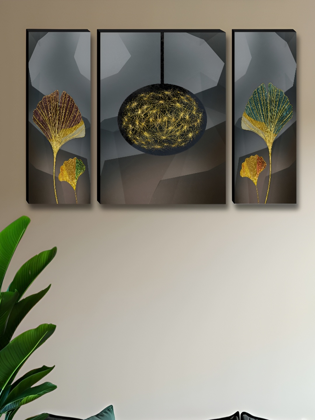 

Myntra Elegant Homes Grey & Gold-Toned 3 Piece Synthetic Wood Abstract Wall Paintings