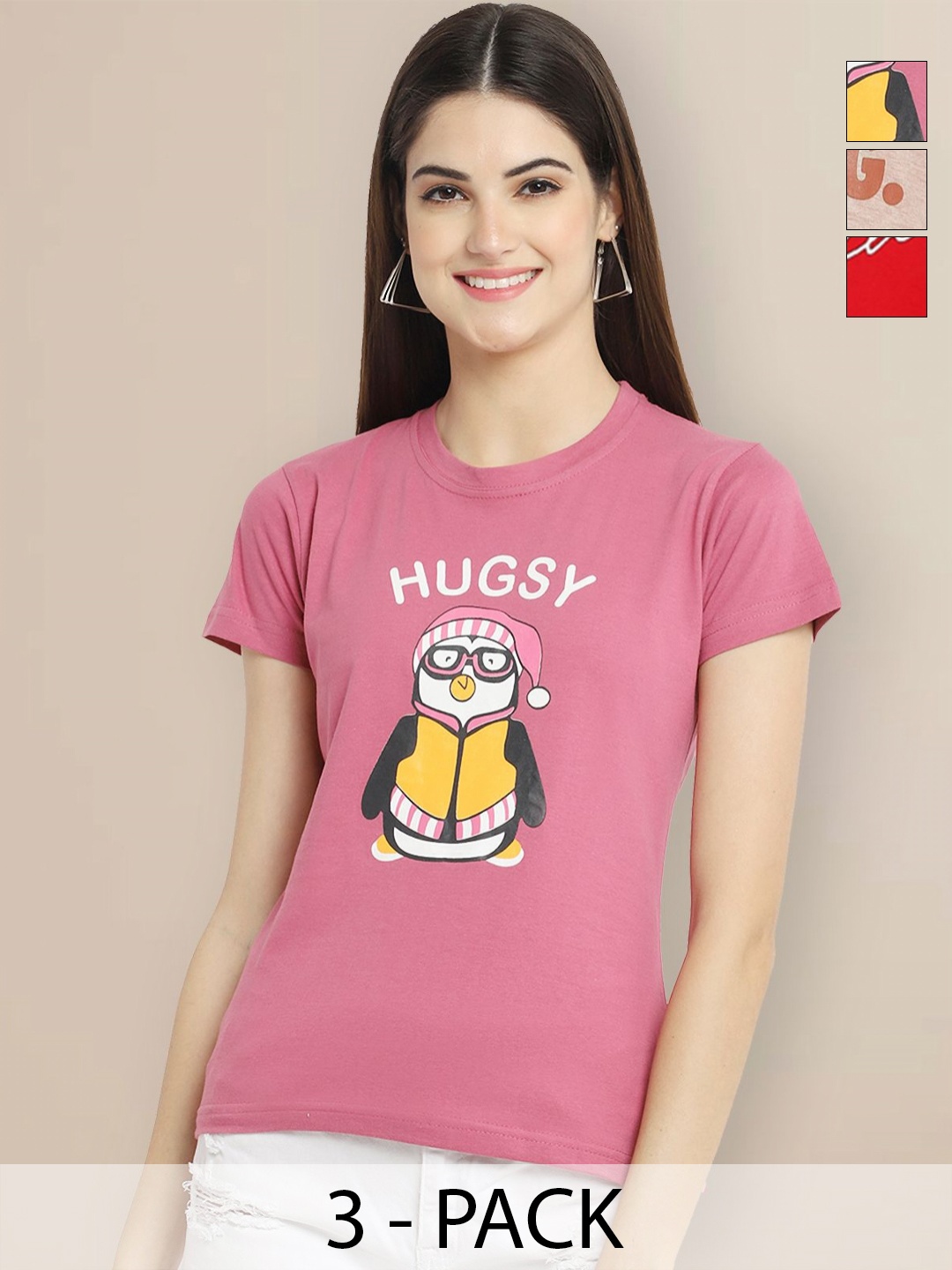 

Metronaut Women Pack of 3 Typography Printed Round Neck Cotton T-shirts, Mauve