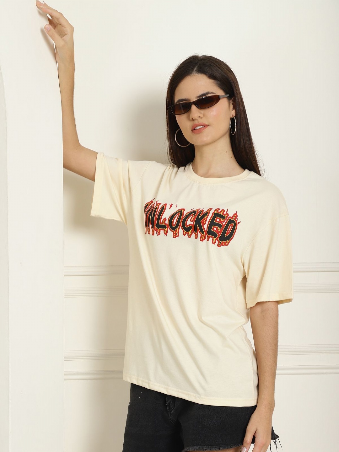 

Tromko Women Graphic Printed Round Neck Cotton Oversized T-shirt, Cream