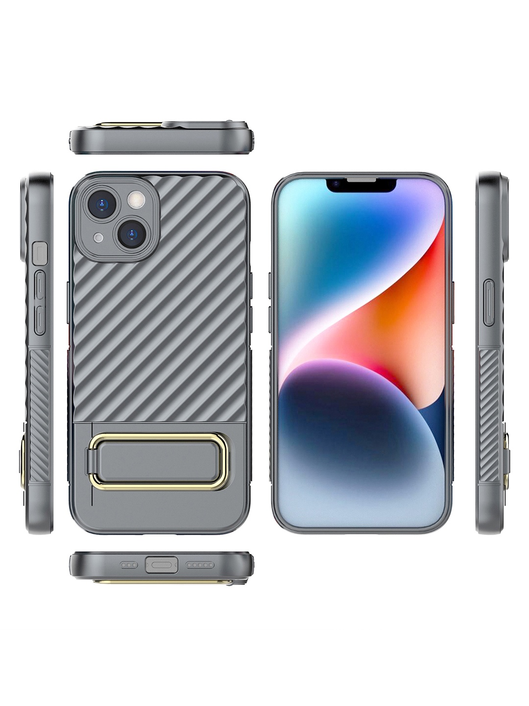 

QRIOH Solid iPhone 14 Back Case with Gold Metal Kickstand, Grey