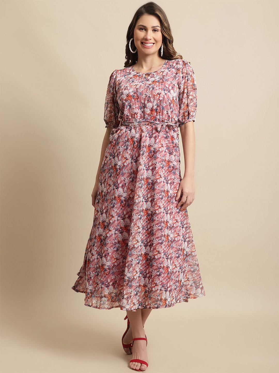 

Metronaut Women Floral Printed Fit & Flare Midi Dress, Pink