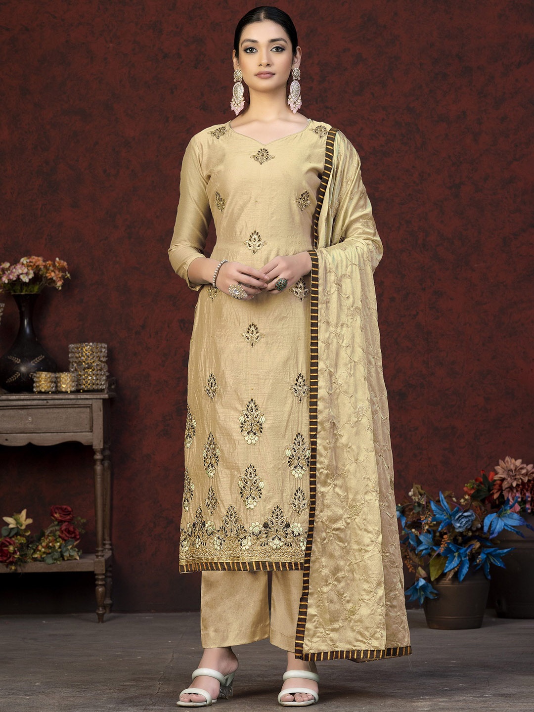 

SHADOW & SAINING Embroidered Beads & Stones Semi-Stitched Dress Material, Beige