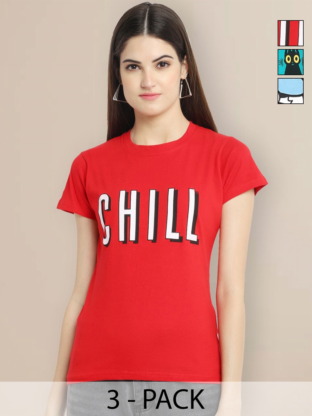 

Metronaut Pack Of 3 Typography Printed Round Neck Regular Fit T-shirt, Red