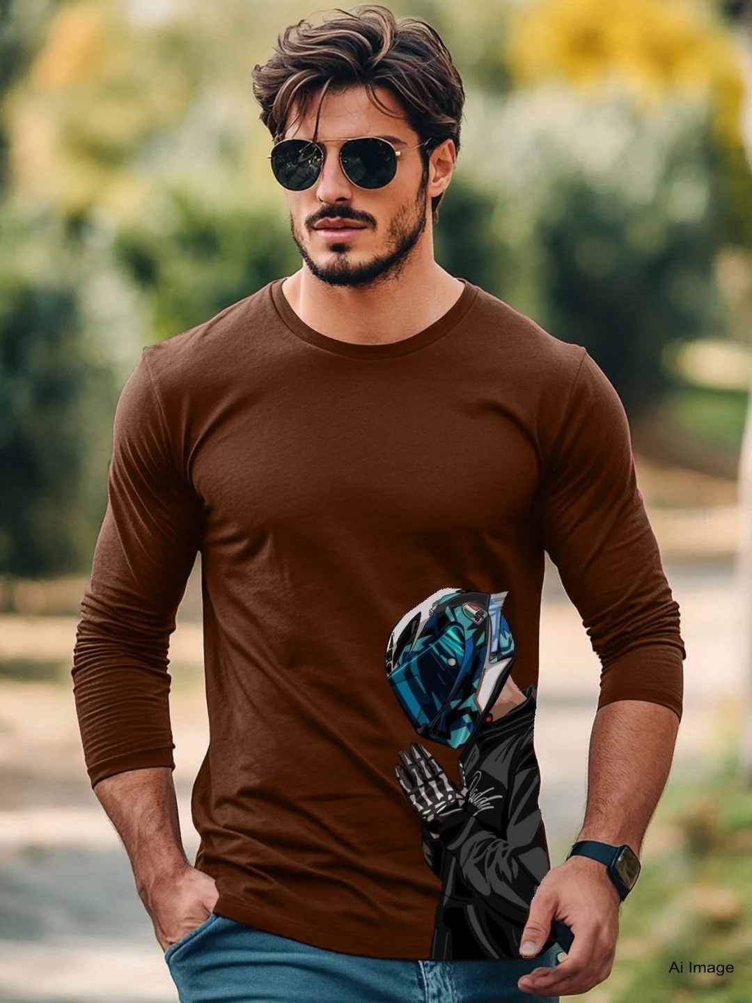

Genzy Men Graphic Printed Round Neck Cotton Slim Fit T-shirt, Brown