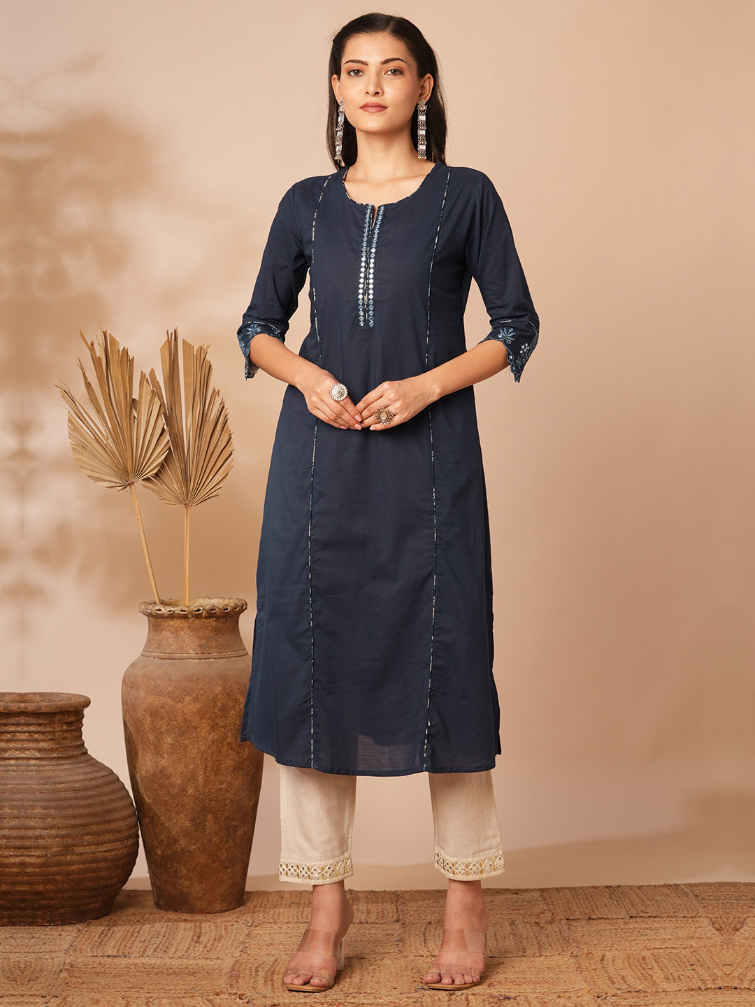 

FASHOR Notch Neck Mirror Work Straight Kurta, Blue