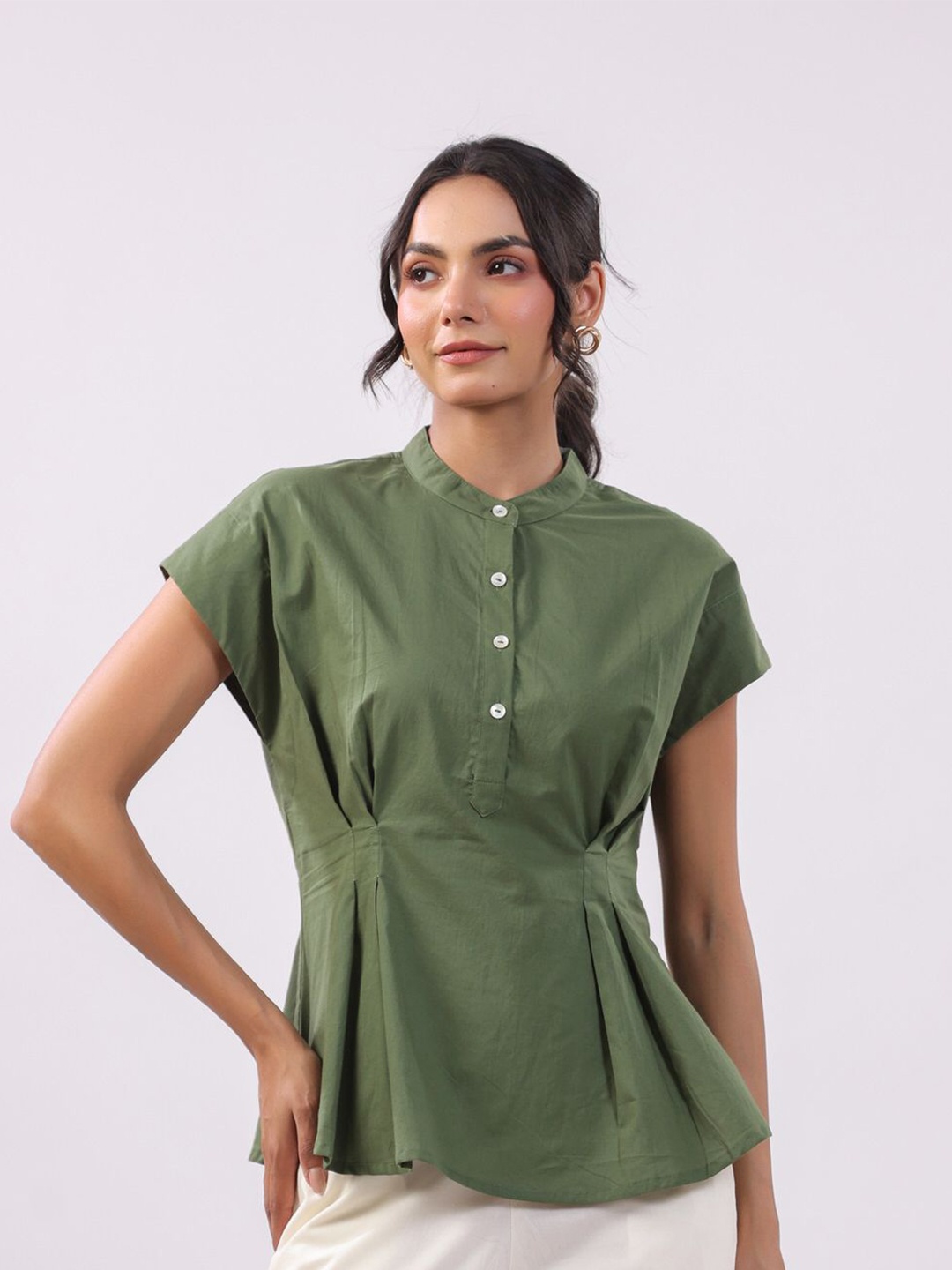 

JISORA Women Cotton Mandarin Collar Top, Green