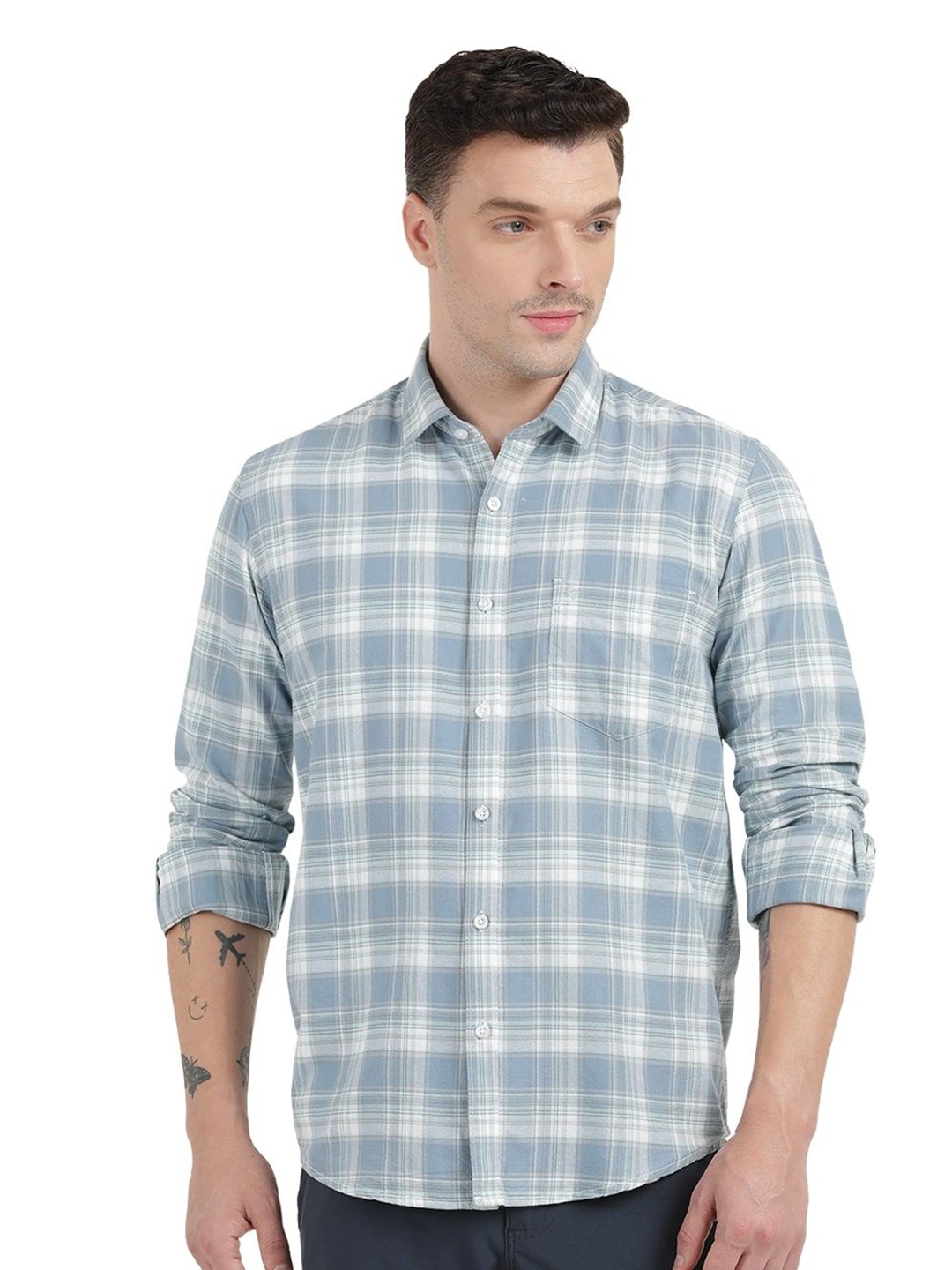 

Clarke Gable Men Trim Slim Fit Tartan Checked Cotton Casual Shirt, Blue