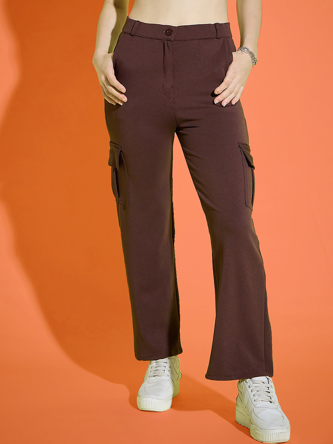 

Dream Beauty Fashion Women Loose Fit High-Rise Easy Wash Cargos Trousers, Brown