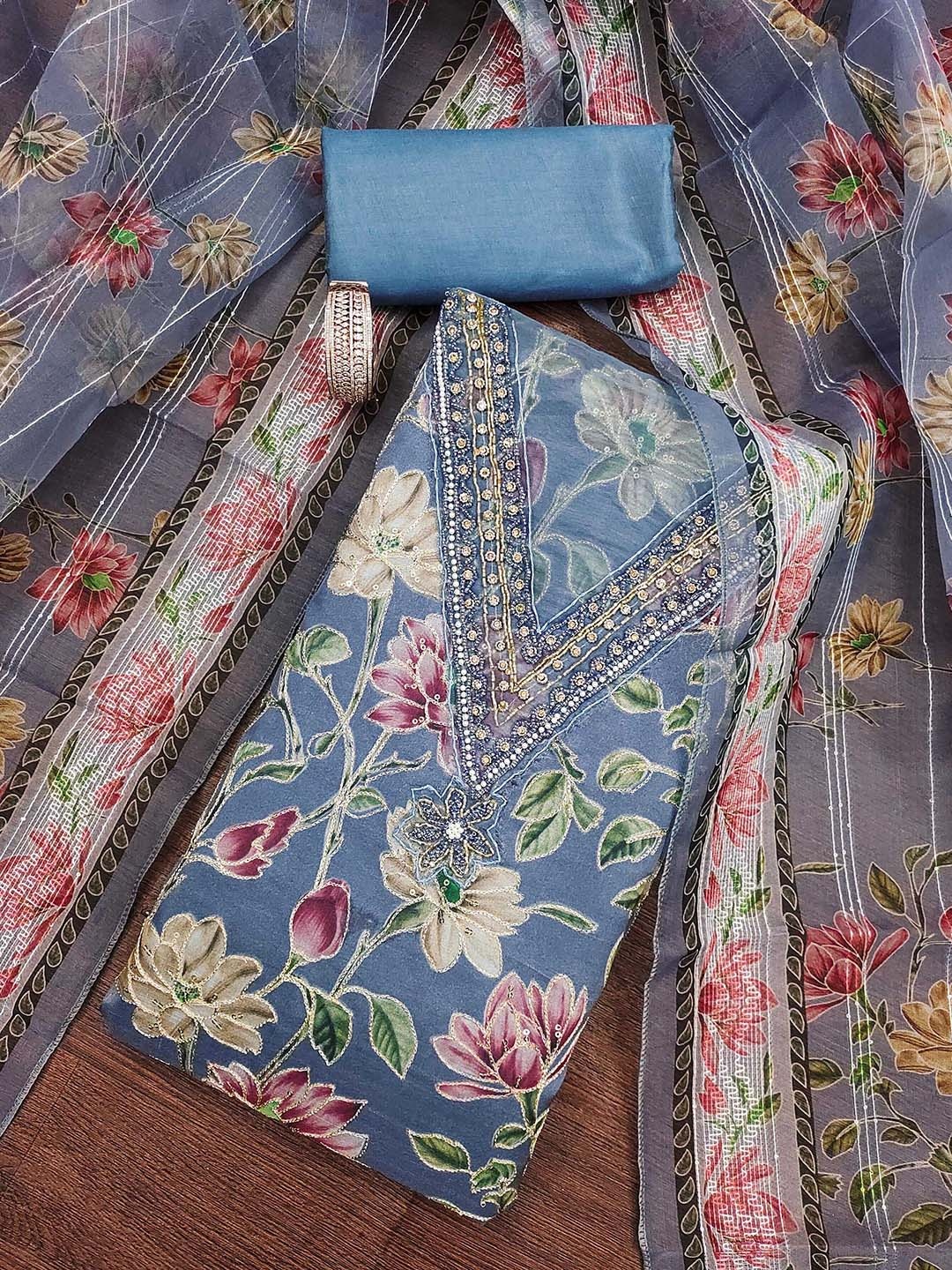 

SHADOW & SAINING Floral Printed Sequinned Organza Unstitched Dress Material, Teal