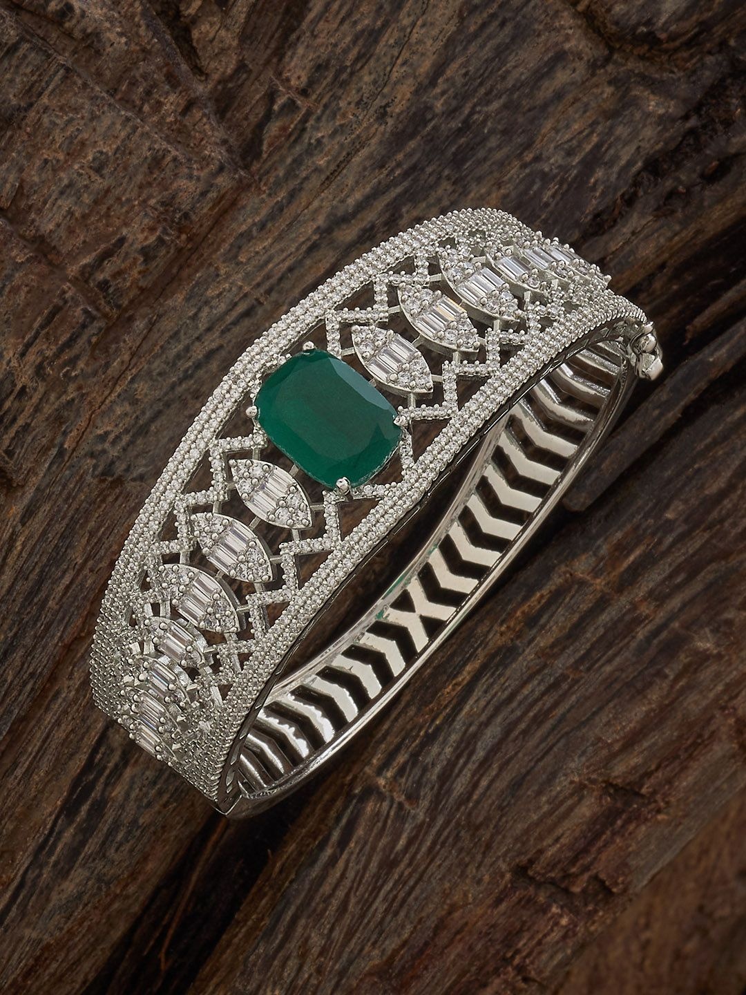 

Kushal's Fashion Jewellery Green Rhodium-Plated Party Zircon Kada, Silver