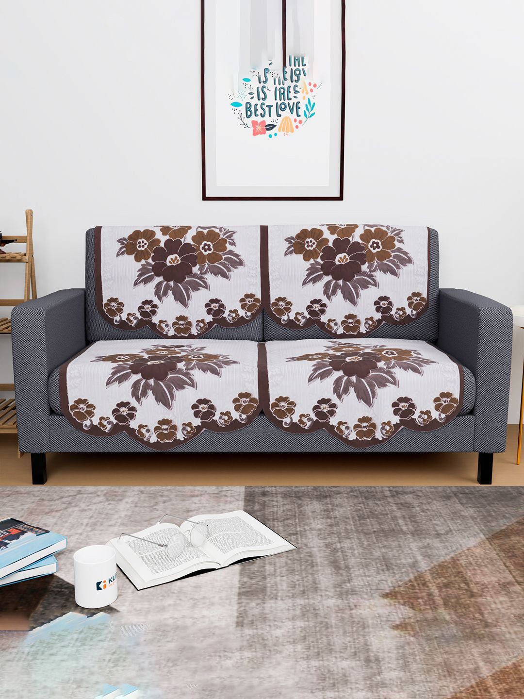 

Kuber Industries White & Brown Floral Printed 4 Pieces Cotton 2 Seater Sofa Covers
