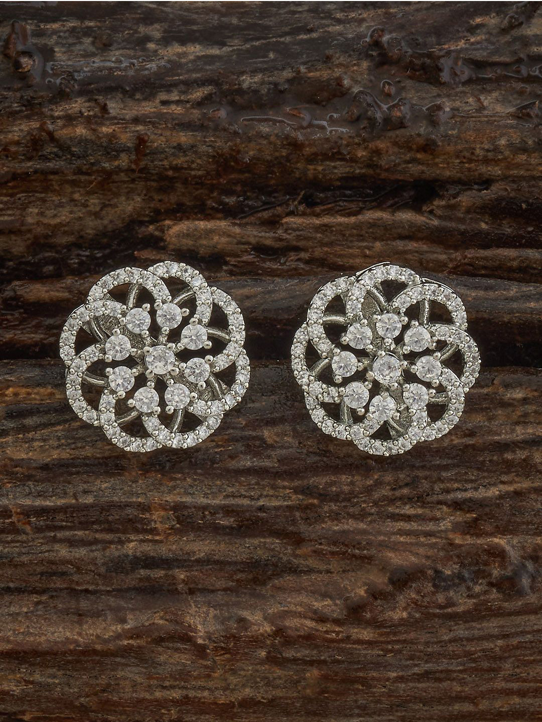 

Kushal's Fashion Jewellery Rhodium-Plated Zircon Studded Floral Studs, Silver