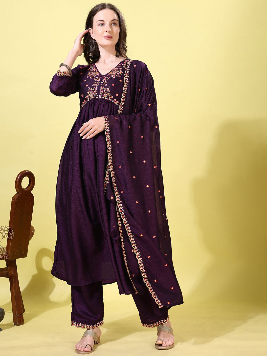 

KALINI Floral Yoke Design V-Neck Anarkali Thread Work Kurta With Palazzos And Dupatta, Purple