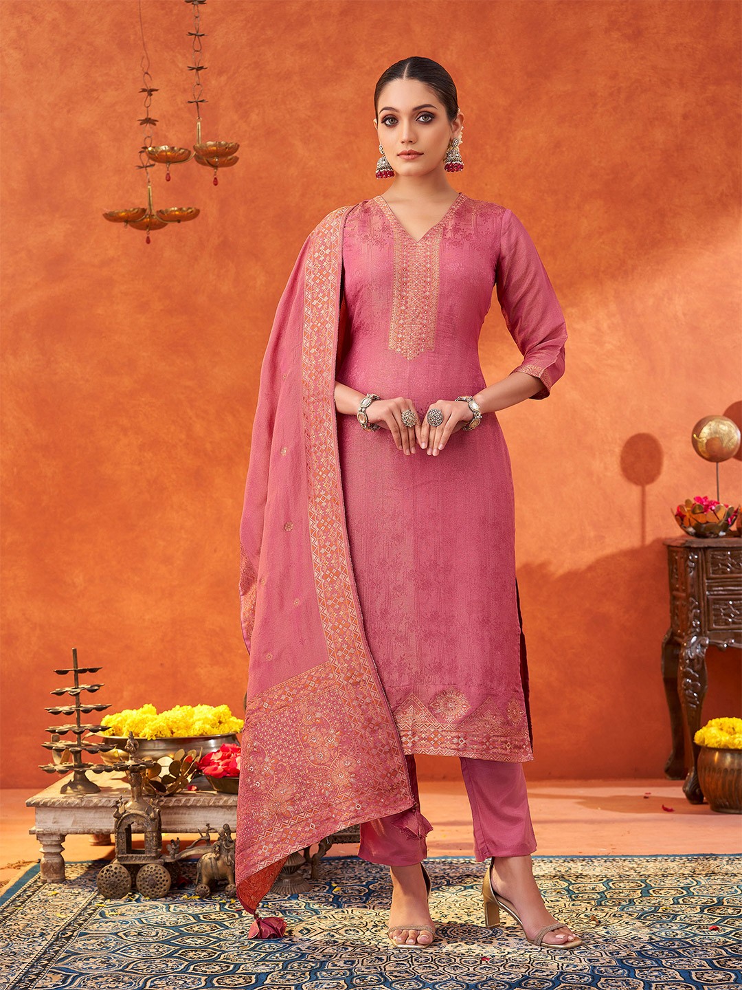 

KALINI Floral Woven Design Pure Silk Straight Kurta With Trousers And Dupatta, Pink