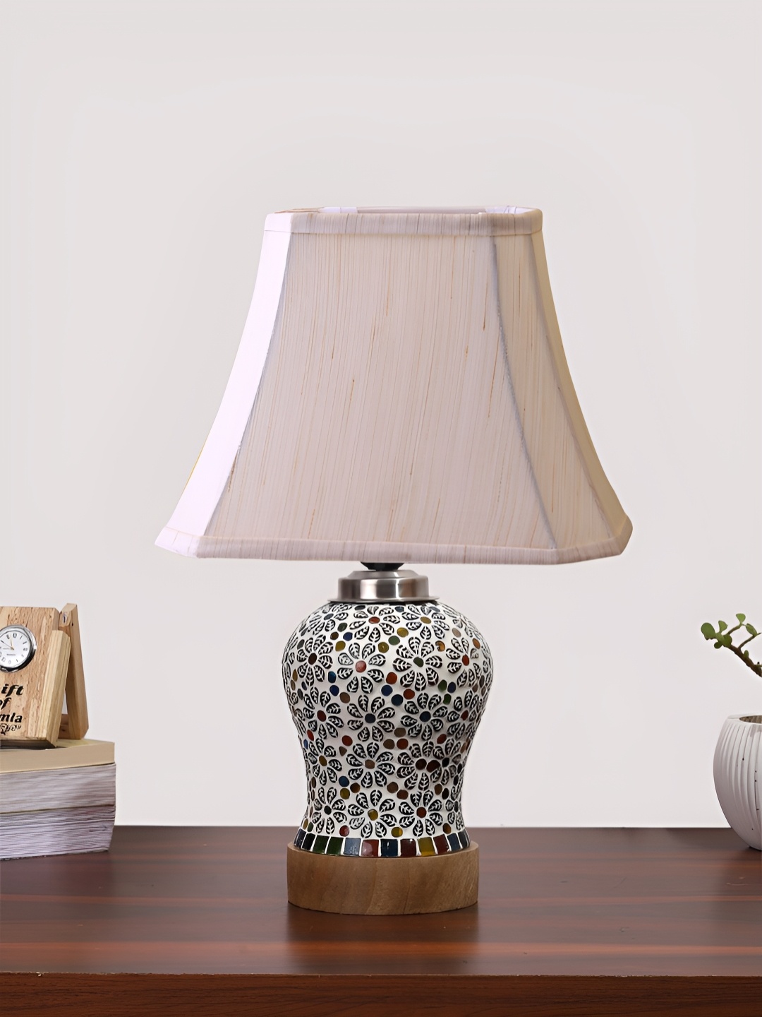 

Devansh Off White Printed Frustum Shaped Wooden Table Lamp With Mosaic Glass Base