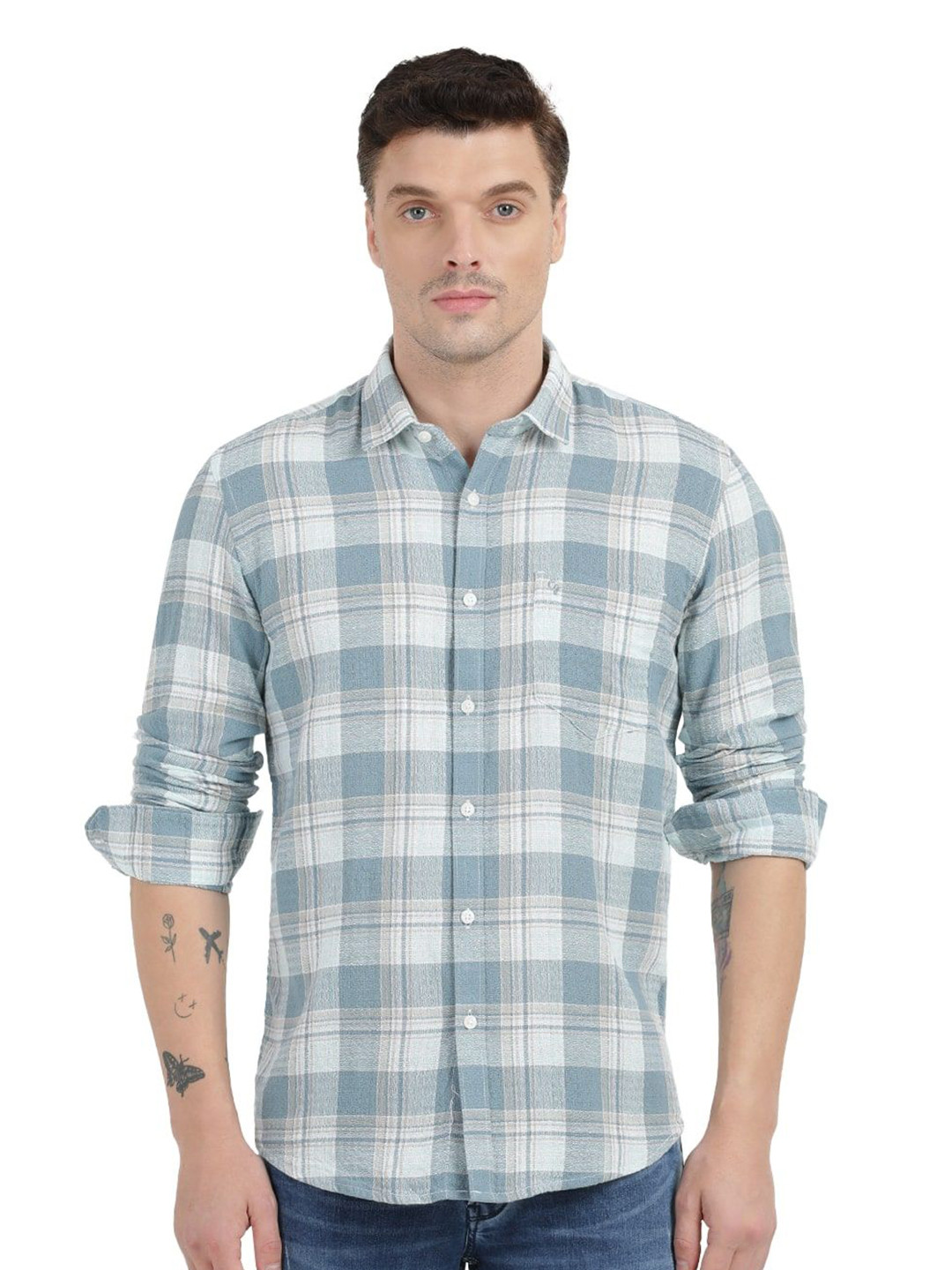 

Clarke Gable Men Trim Spread Collar Tartan Checked Cotton Slim Fit Casual Shirts, White