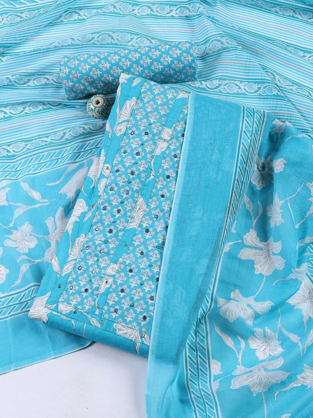 

Meena Bazaar Floral Printed Mirror Work Unstitched Dress Material, Blue