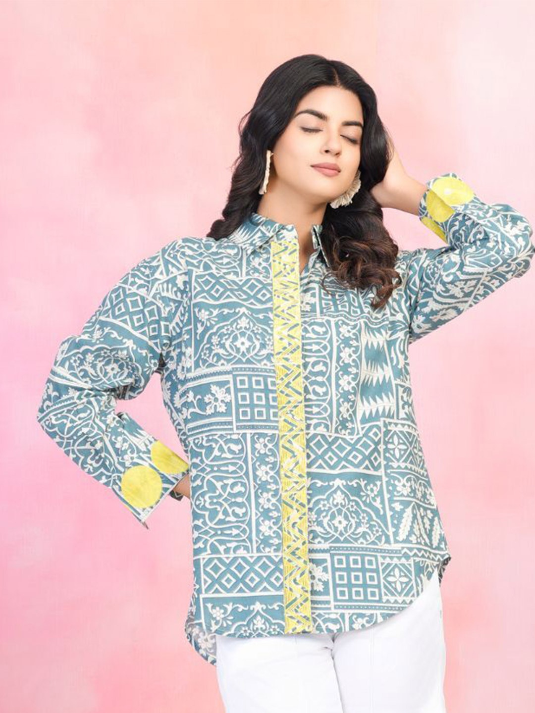 

Kaftanize Women Comfort Relaxed Fit Spread Collar Geometric Printed Cotton Casual Shirt, Beige