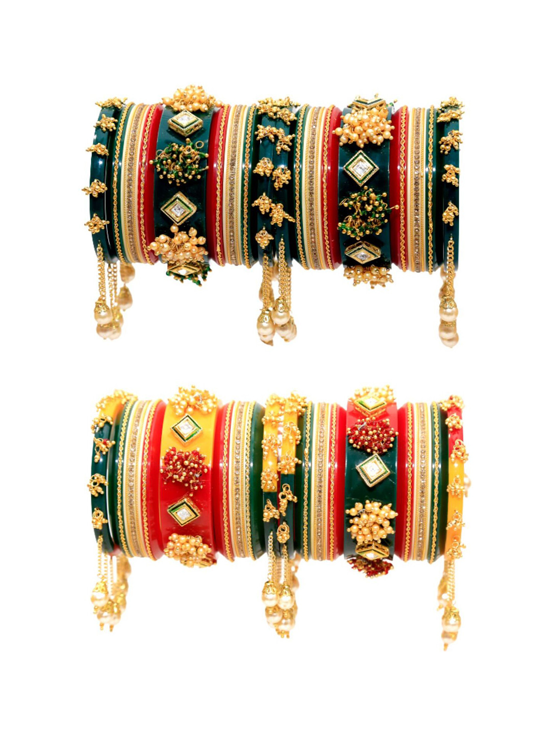 

Zindura Set Of 2 Gold-Plated Stone Studded & Beaded Chuda Bangles