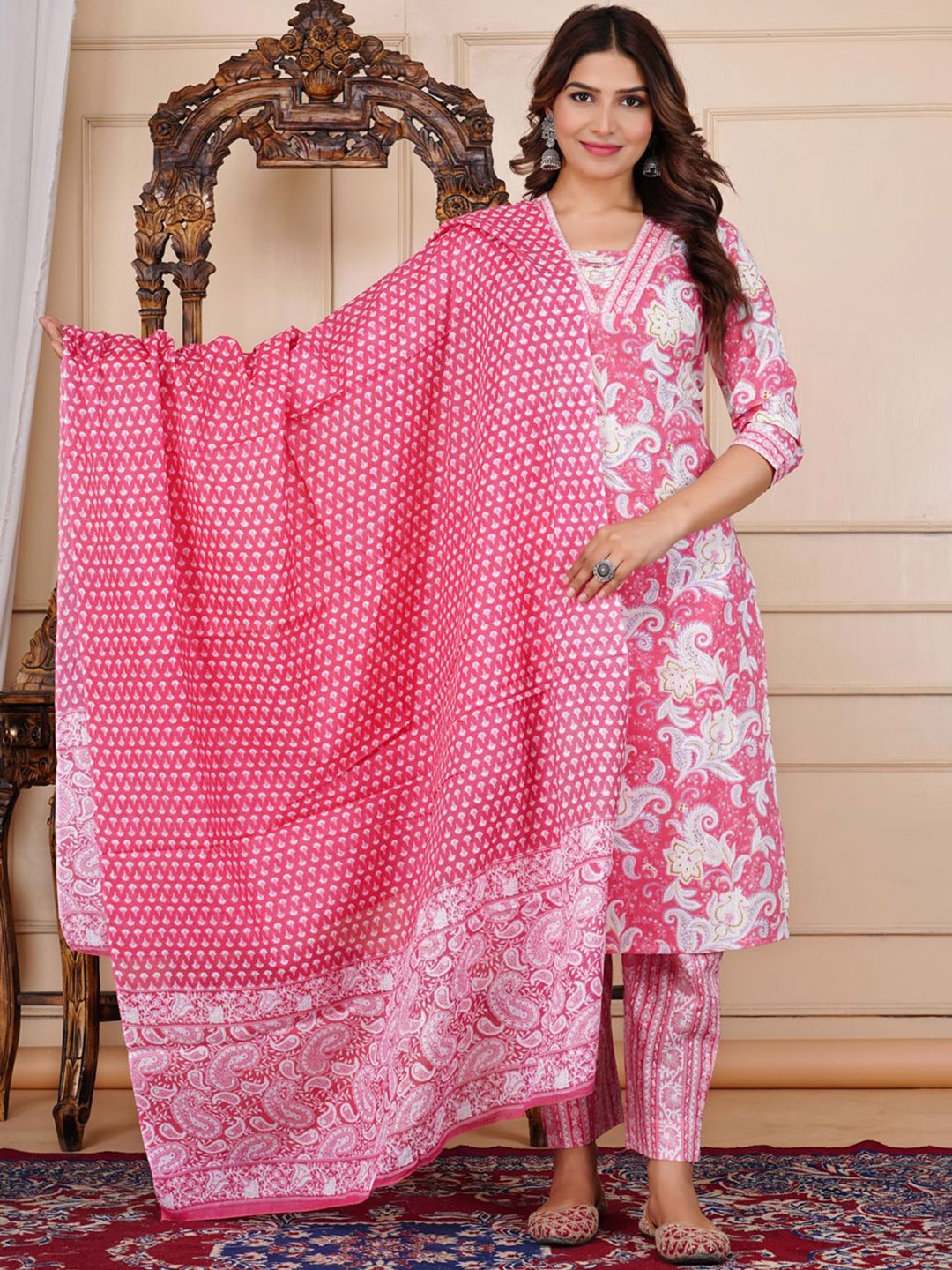 

k d fab Floral Printed V Neck Pure Cotton Kurta With Trousers & Dupatta, Pink