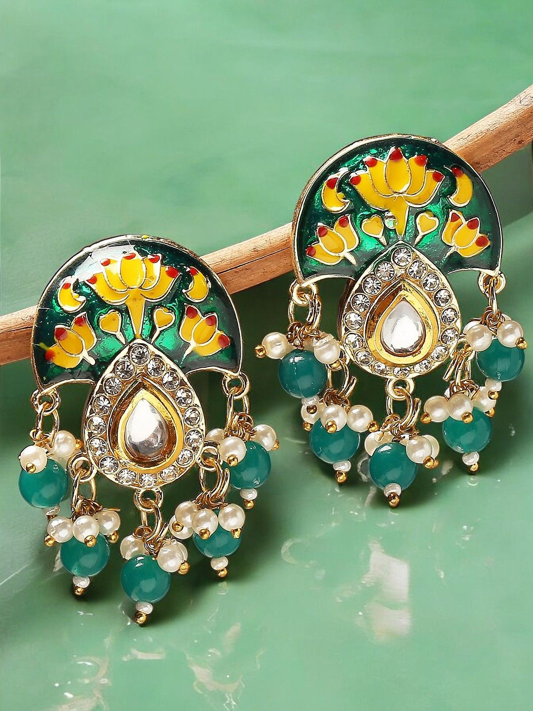 

Anouk Artificial Stones Studded & Beaded Meenakari Contemporary Drop Earrings, Green