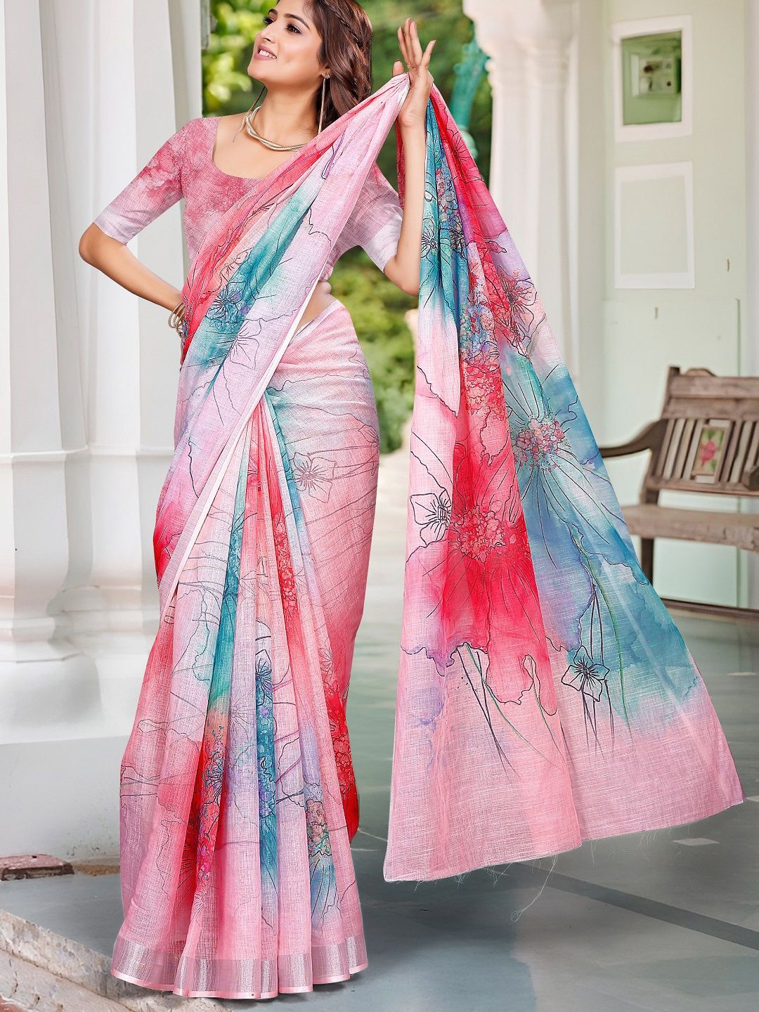 

Mitera Floral Printed Zari Pure Cotton Saree, Pink