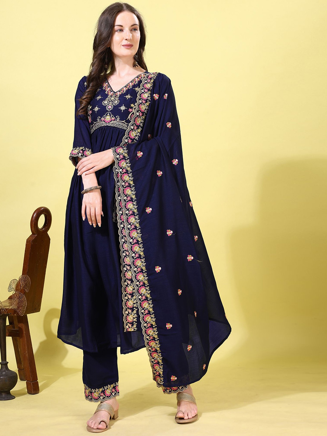 

KALINI Floral Yoke Design V-Neck Anarkali Thread Work Kurta With Palazzos And Dupatta, Blue