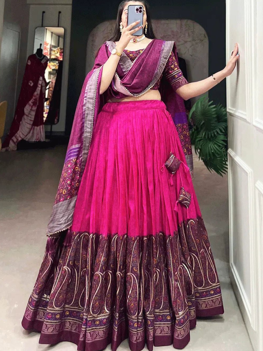 

RADHVI BIZ Paisley Printed Lehenga With Semi-Stitched Blouse & Dupatta, Pink