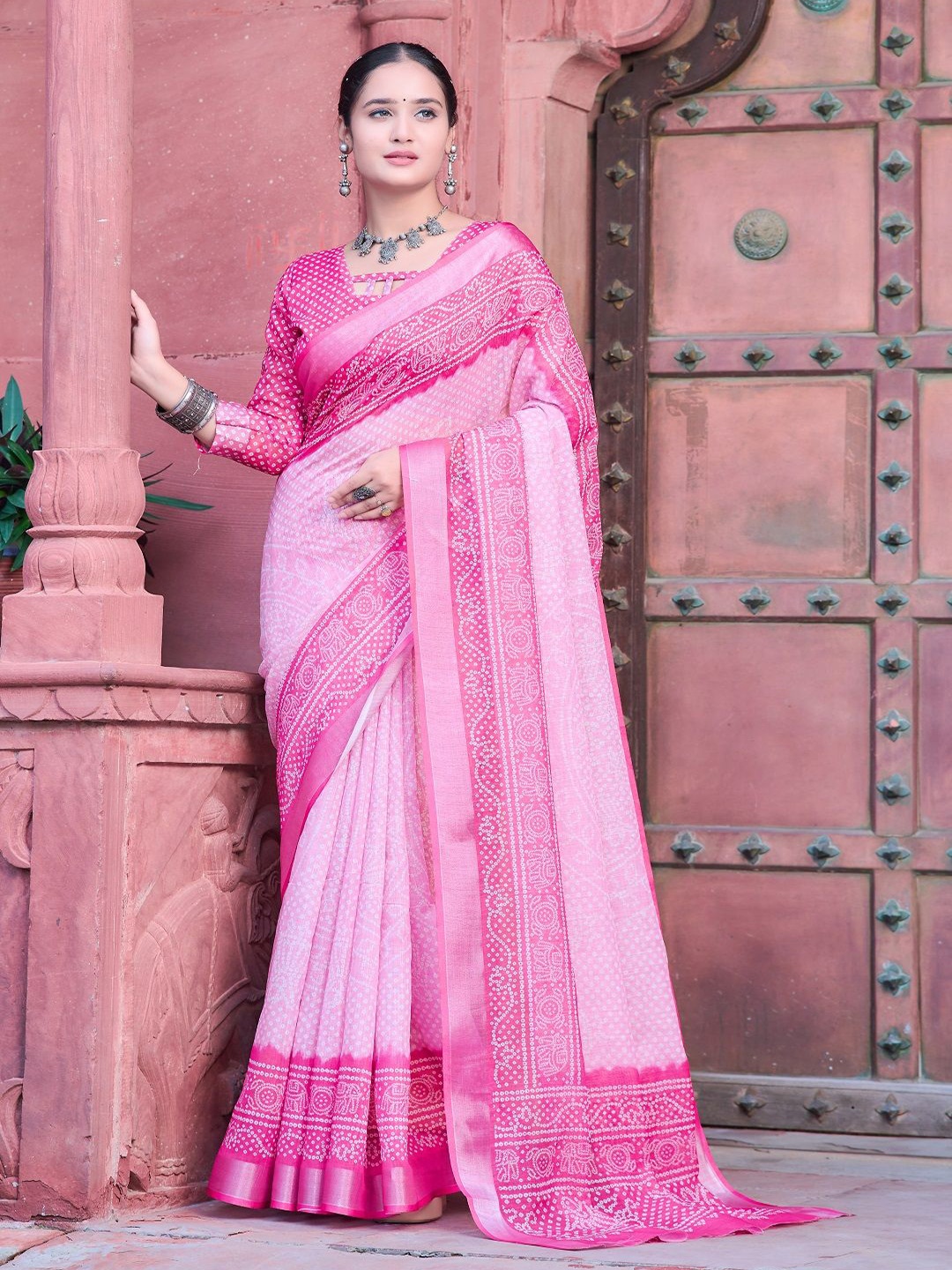 

Mitera Bandhani Zari Pure Cotton Saree, Pink