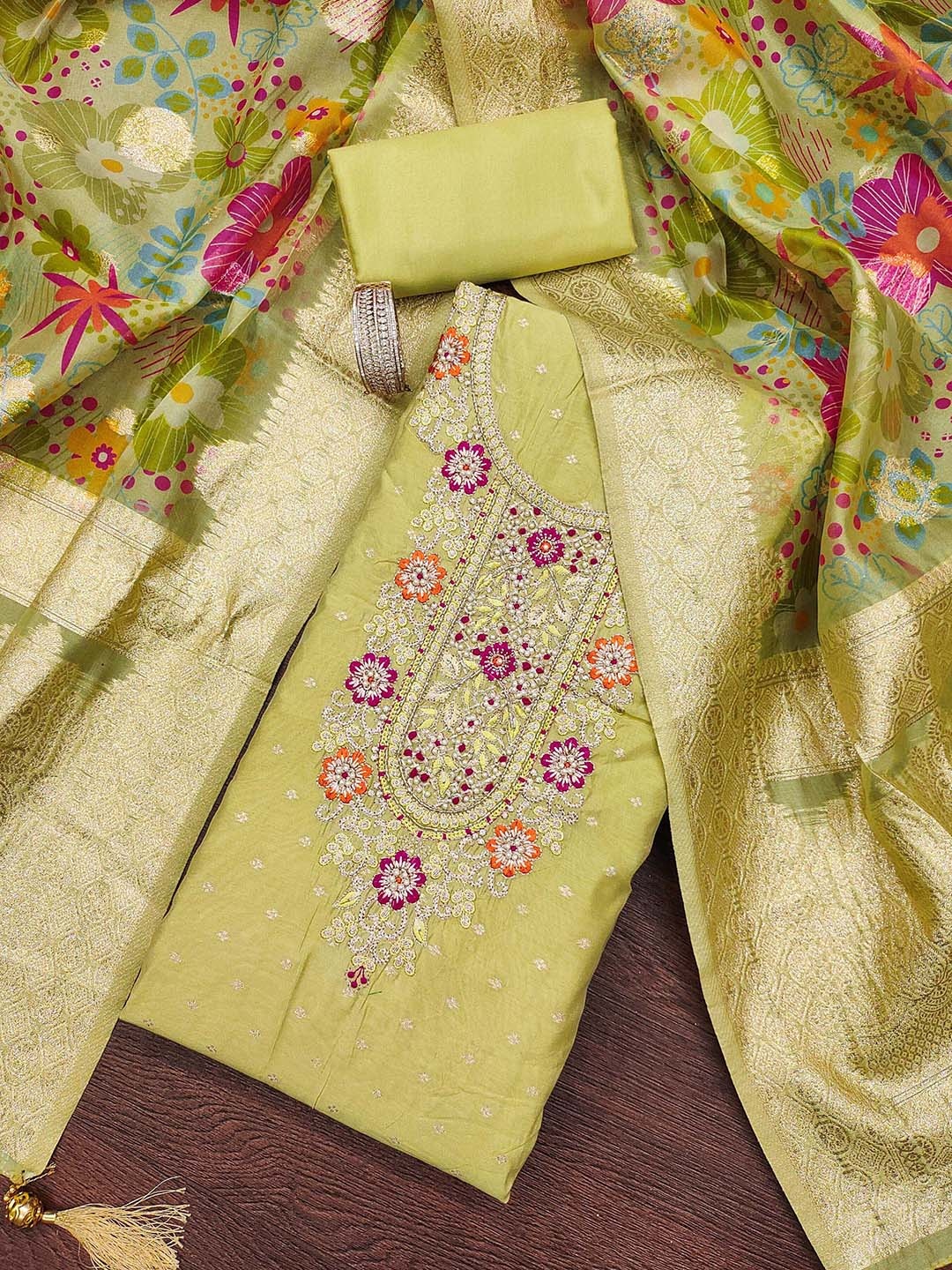 

SHADOW & SAINING Woven Design Modal Cotton Jacquard Semi-Stitched Dress Material, Lime green