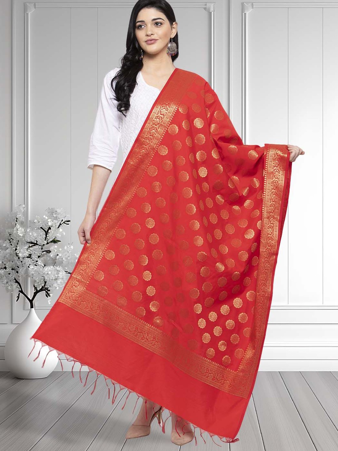

Moda Rapido Ethnic Motifs Woven Design Dupatta with Zari, Red