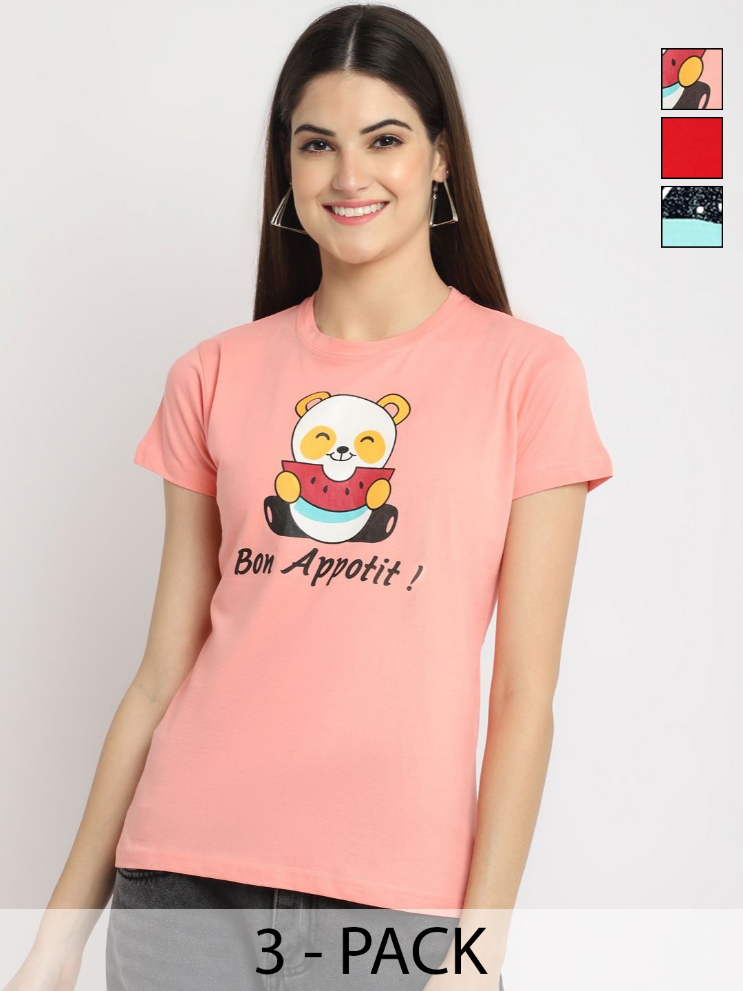

Dreambe Pack Of 3 Typography Printed Round Neck Short Sleeves Cotton T-shirt, Pink
