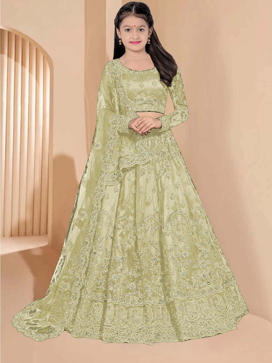 

BAESD Girls Floral Embroidered Thread Work Semi-Stitched Lehenga Choli With Dupatta, Green