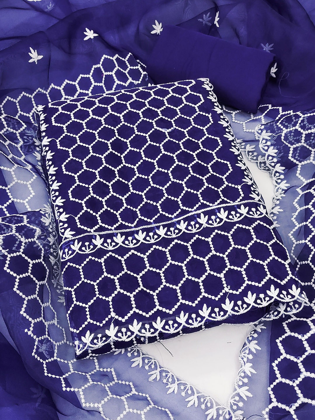 

SHADOW & SAINING Geometric Embroidered Organza Unstitched Dress Material, Blue