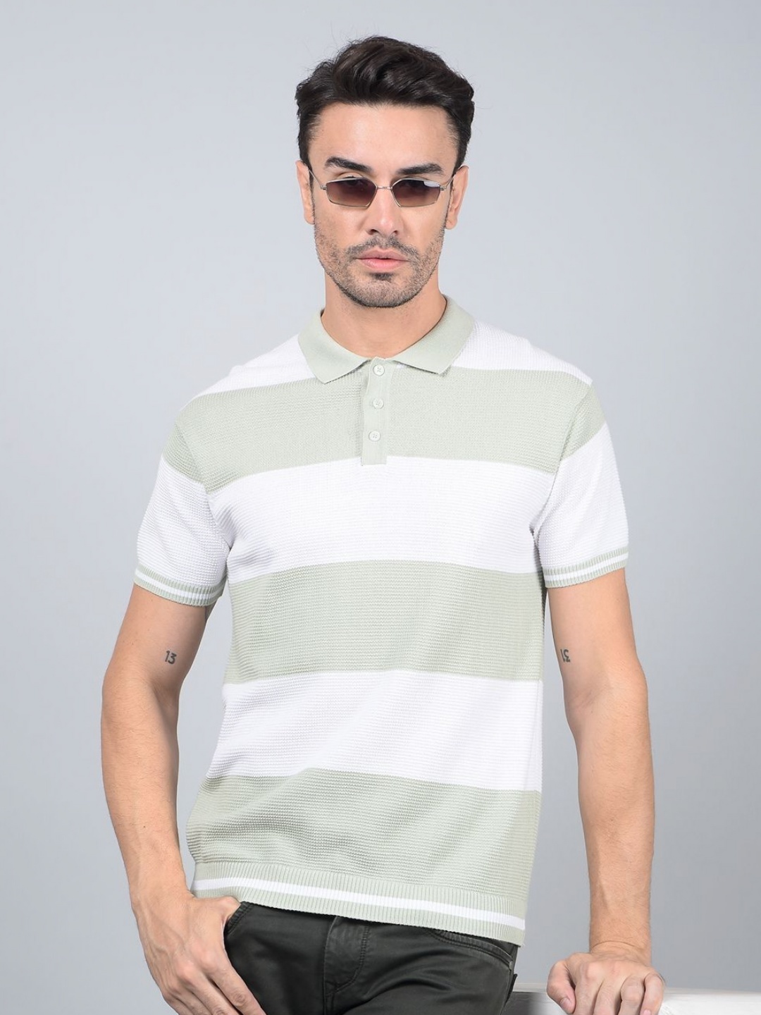 

Crimsoune Club Striped Pure Cotton Polo Collar Slim Fit T-shirt, Green