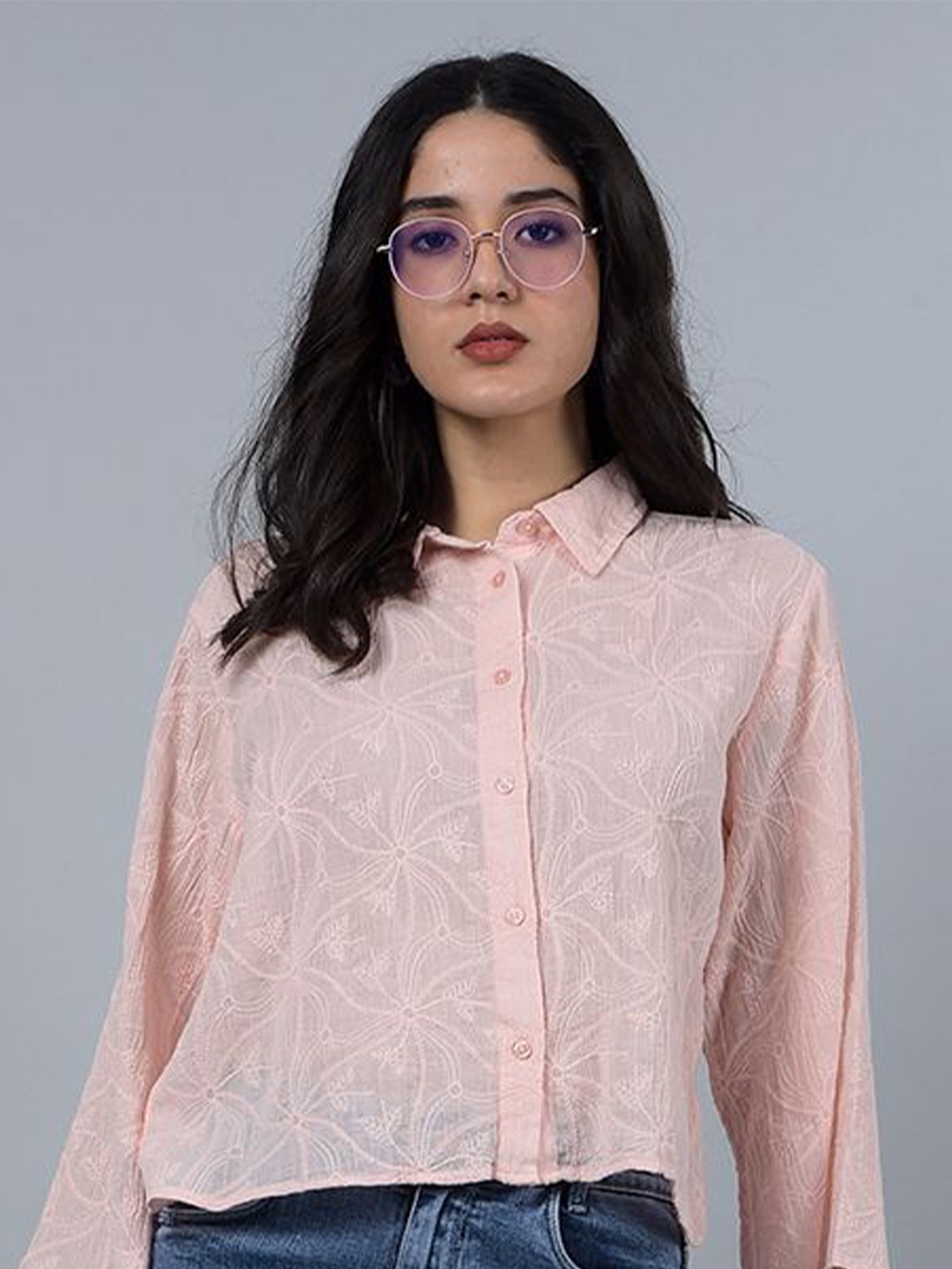 

Crimsoune Club Women Boxy Fit Spread Collar Textured Cotton Casual Shirt, Peach