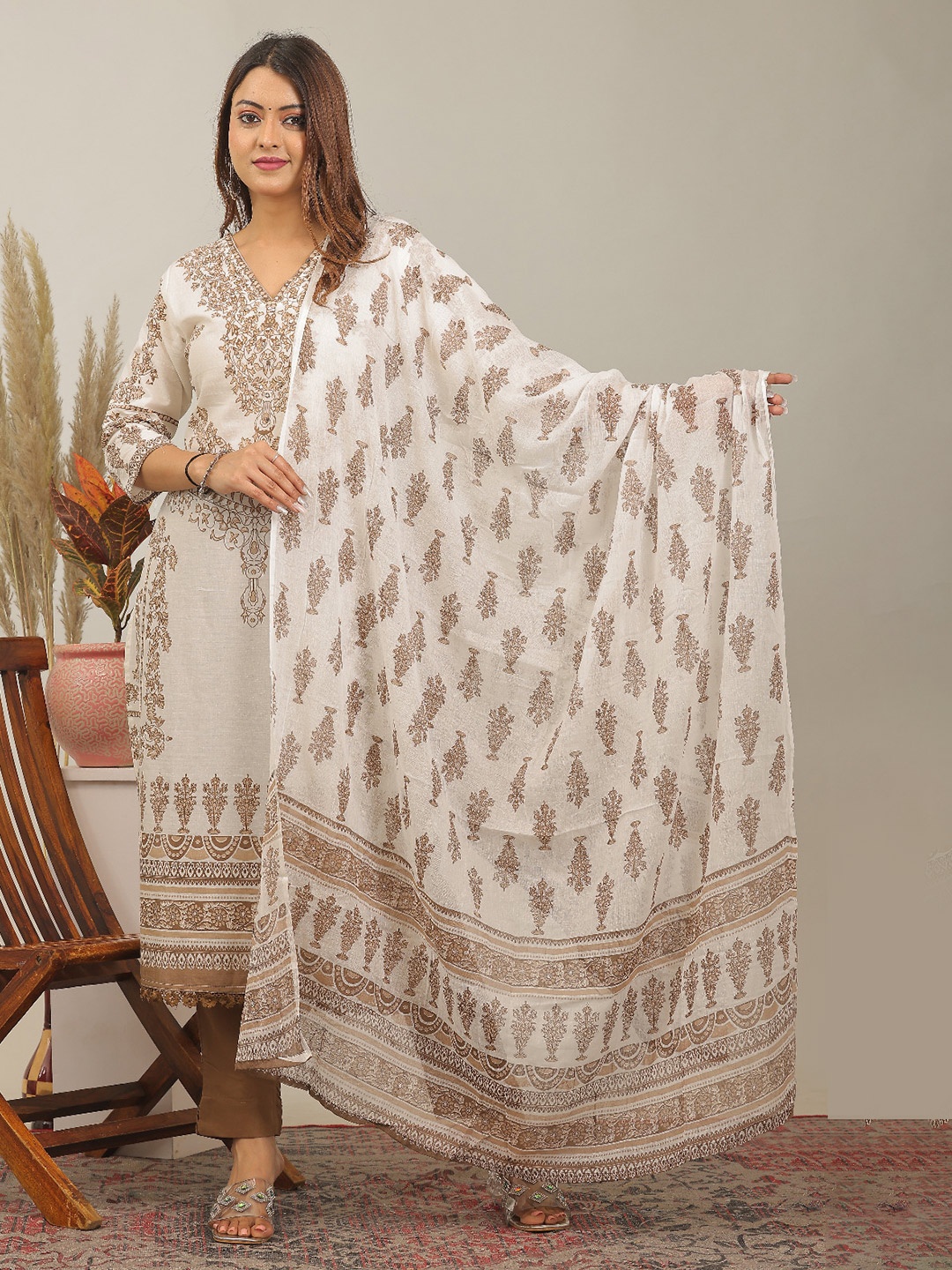 

KALINI Floral Printed Pure Cotton A Line Kurta with Trousers & Dupatta, White