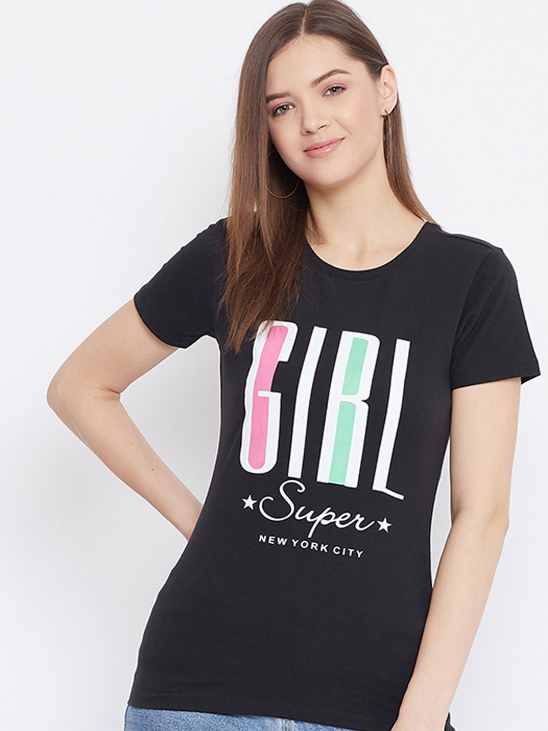 

Bishop Cotton Women Typography Printed Regular Fit Cotton T-shirt, Black