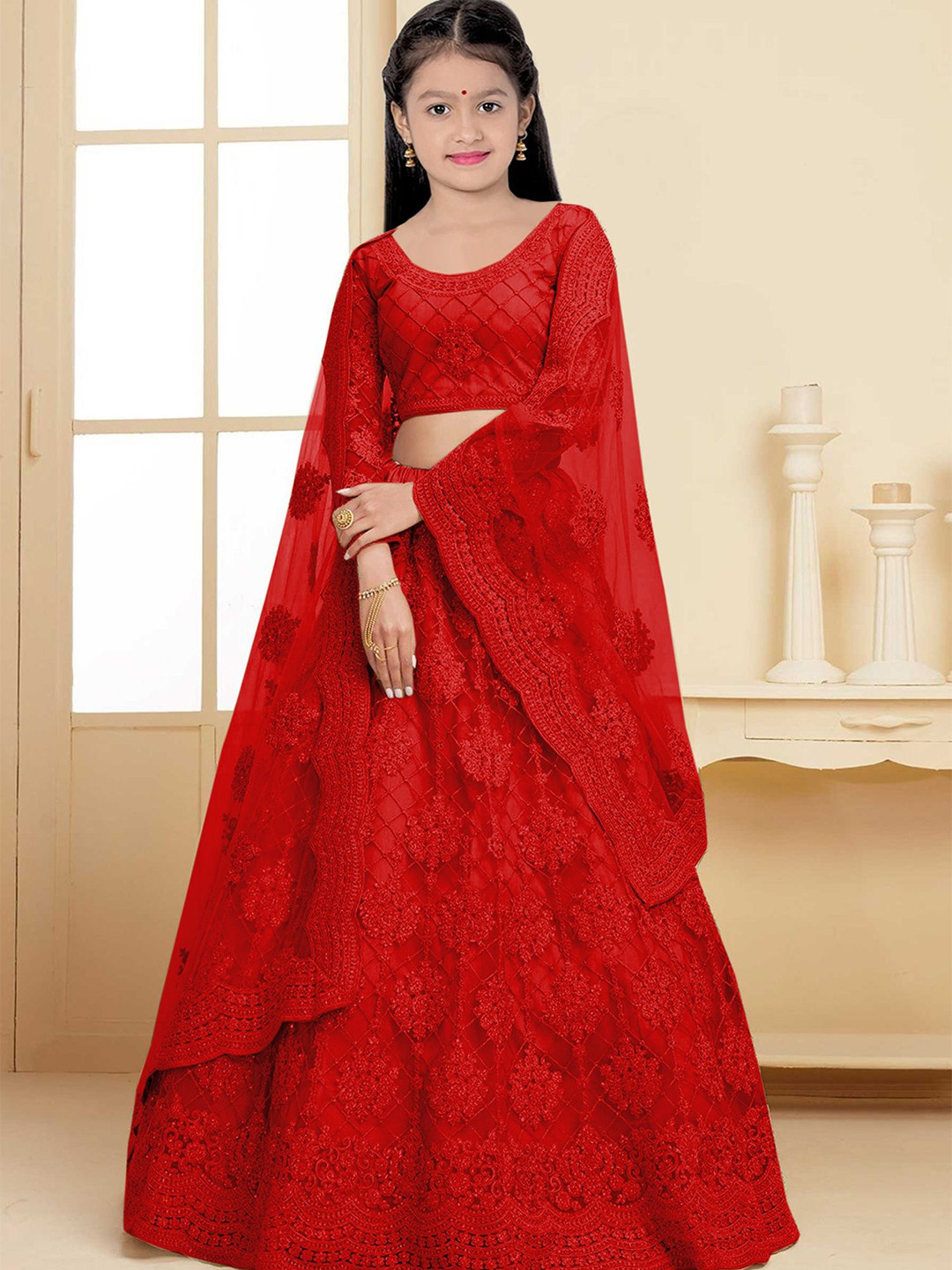 

BAESD Girls Floral Embroidered Thread Work Semi-Stitched Lehenga Choli With Dupatta, Red