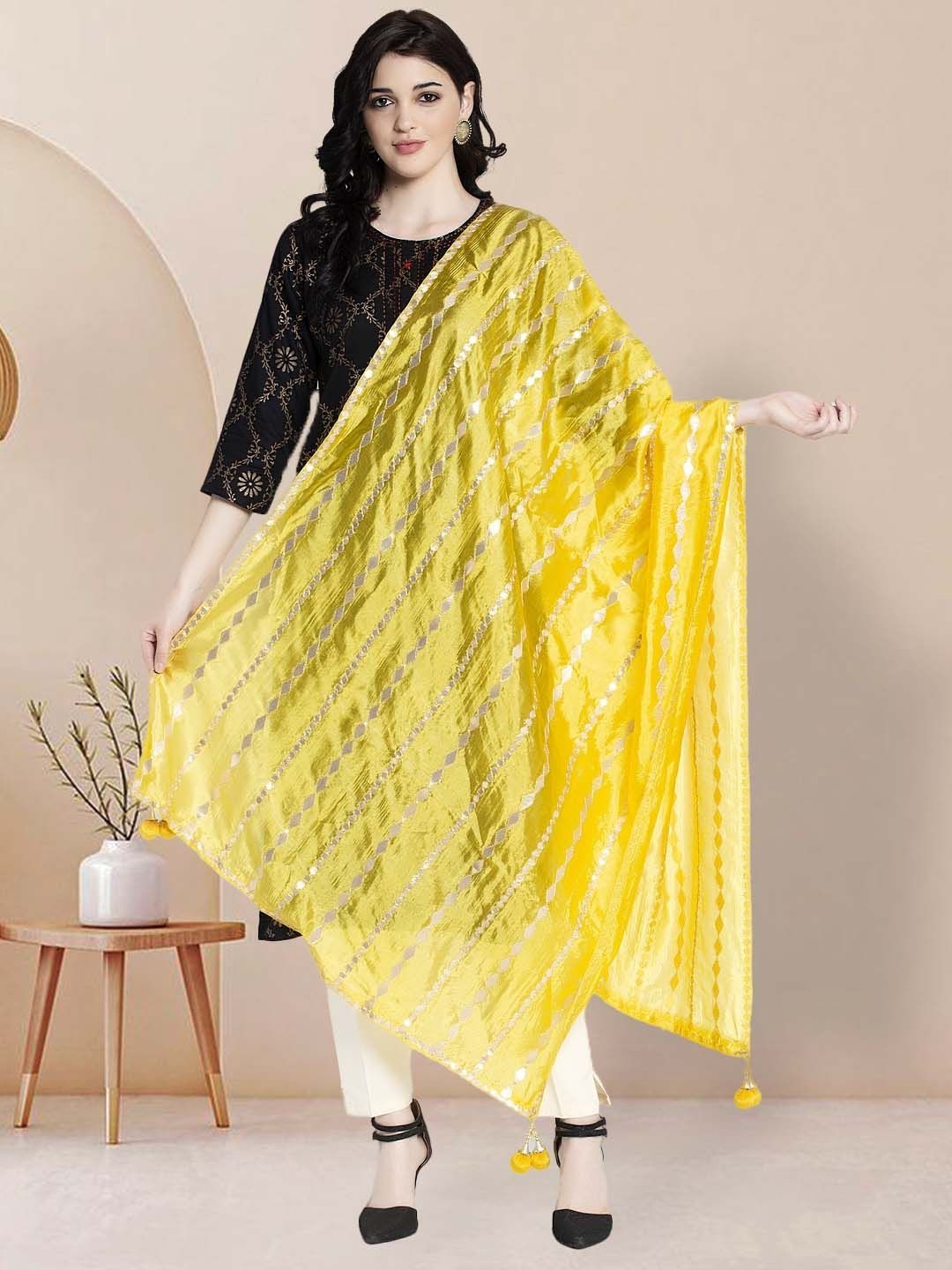 

Moda Rapido Striped Dupatta With Gotta Patti, Yellow