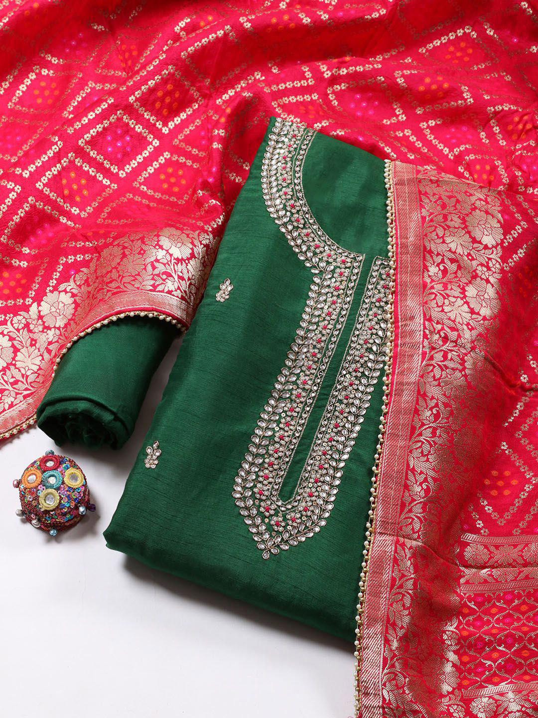 

Meena Bazaar Floral Embroidered Sequinned Unstitched Dress Material, Green