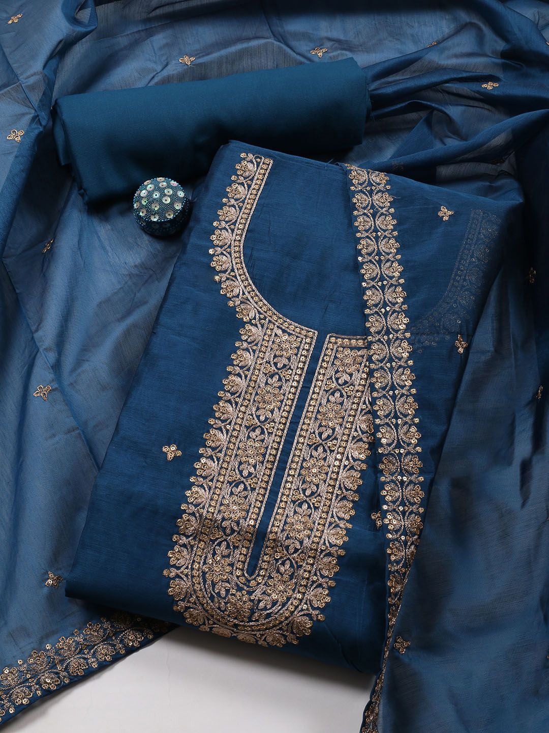 

Meena Bazaar Floral Embroidered Sequinned Unstitched Dress Material, Navy blue