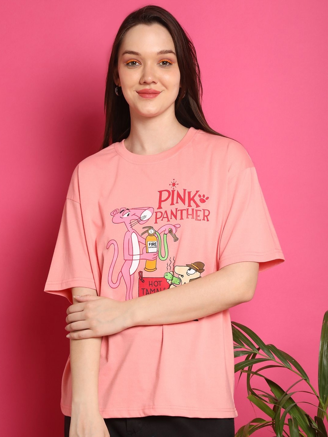 

Tromko Women Graphic Printed Round Neck Cotton Oversized T-shirt, Pink