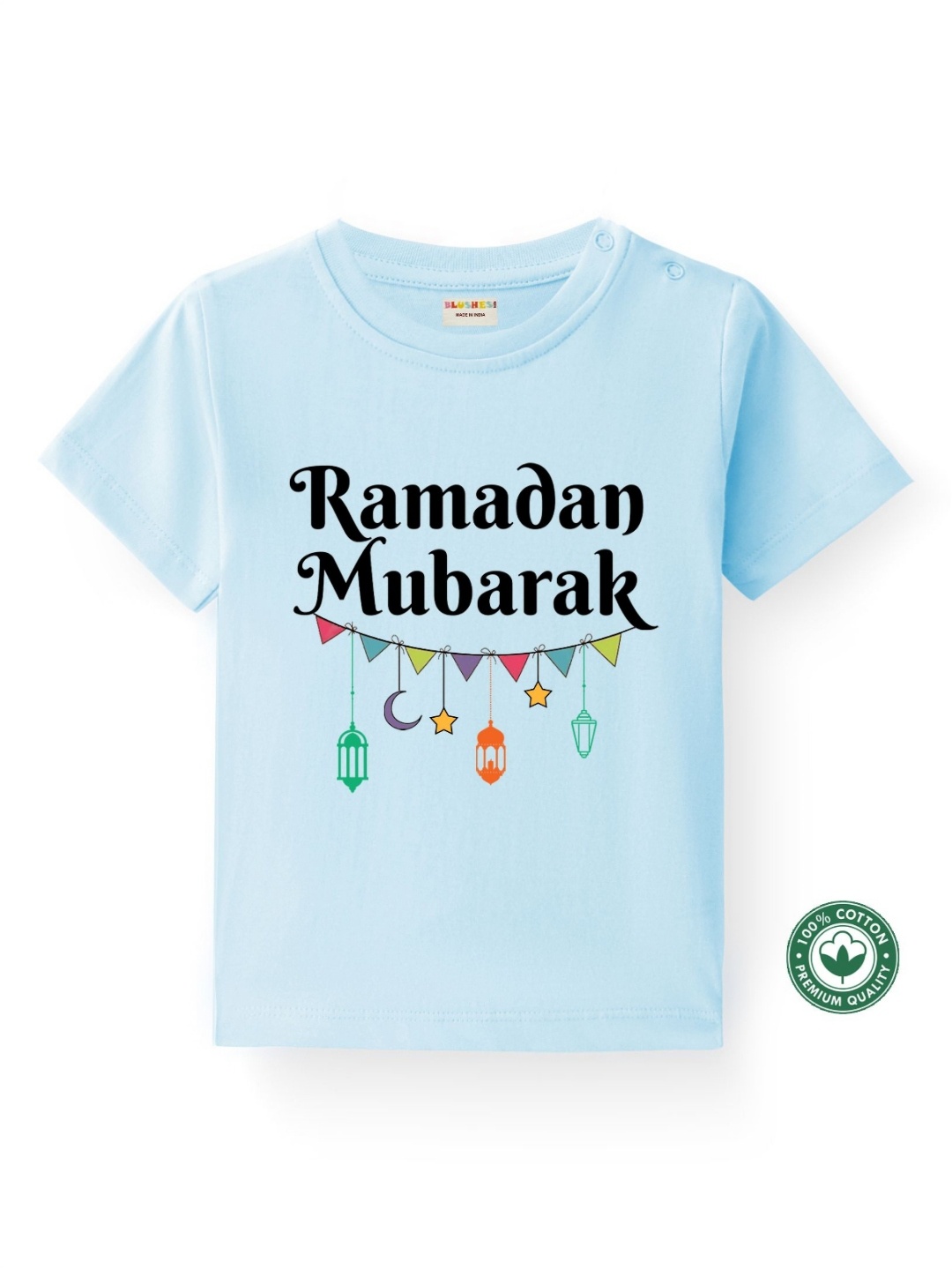 

BLUSHES Kids Graphic Eid Printed Half Sleeves Round Neck Pure Cotton T-shirt, Blue
