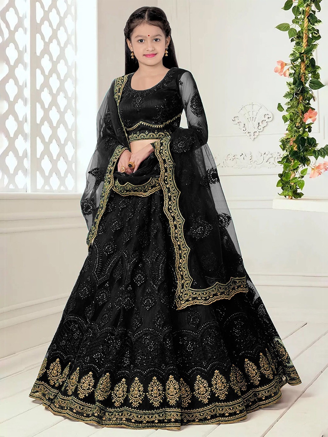 

BAESD Girls Embroidered Semi-Stitched Lehenga & Unstitched Blouse With Dupatta, Black