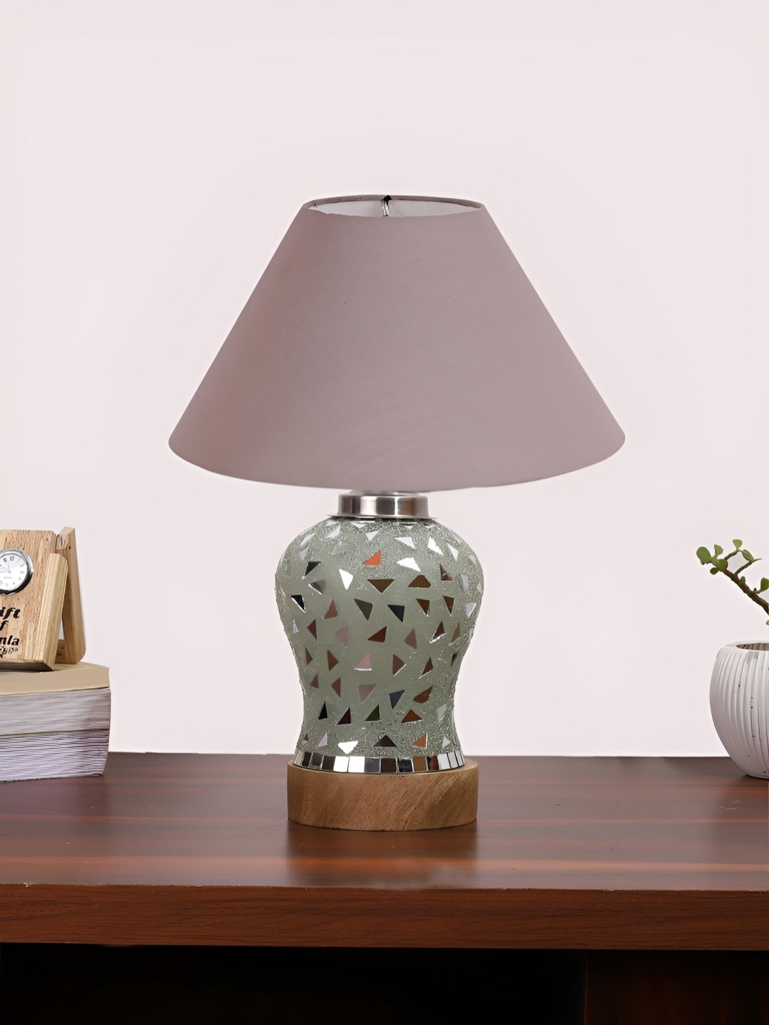 

Devansh Grey Frustum Shaped Wooden Table Lamp With Mosaic Glass Base
