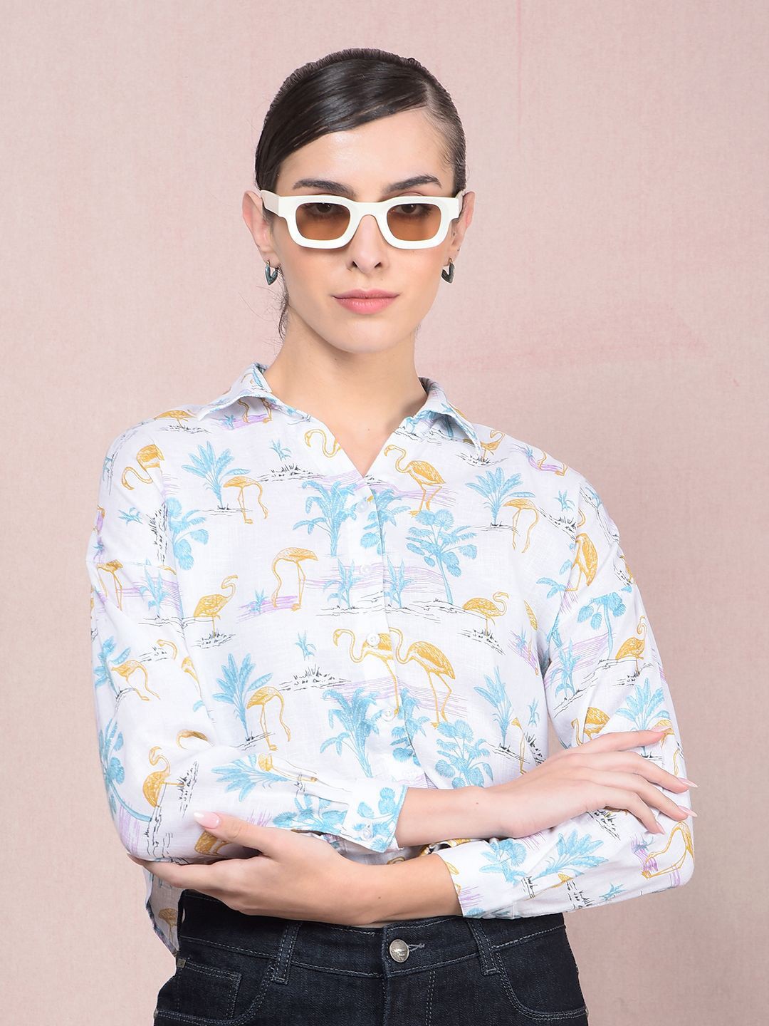 

Crimsoune Club Women Spread Collar Conversational Printed Cotton Slim Fit Casual Shirts, White