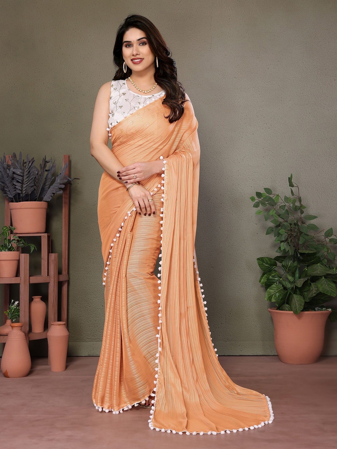 

ROOP SUNDARI SAREES Striped Saree With Pom Pom Border, Peach