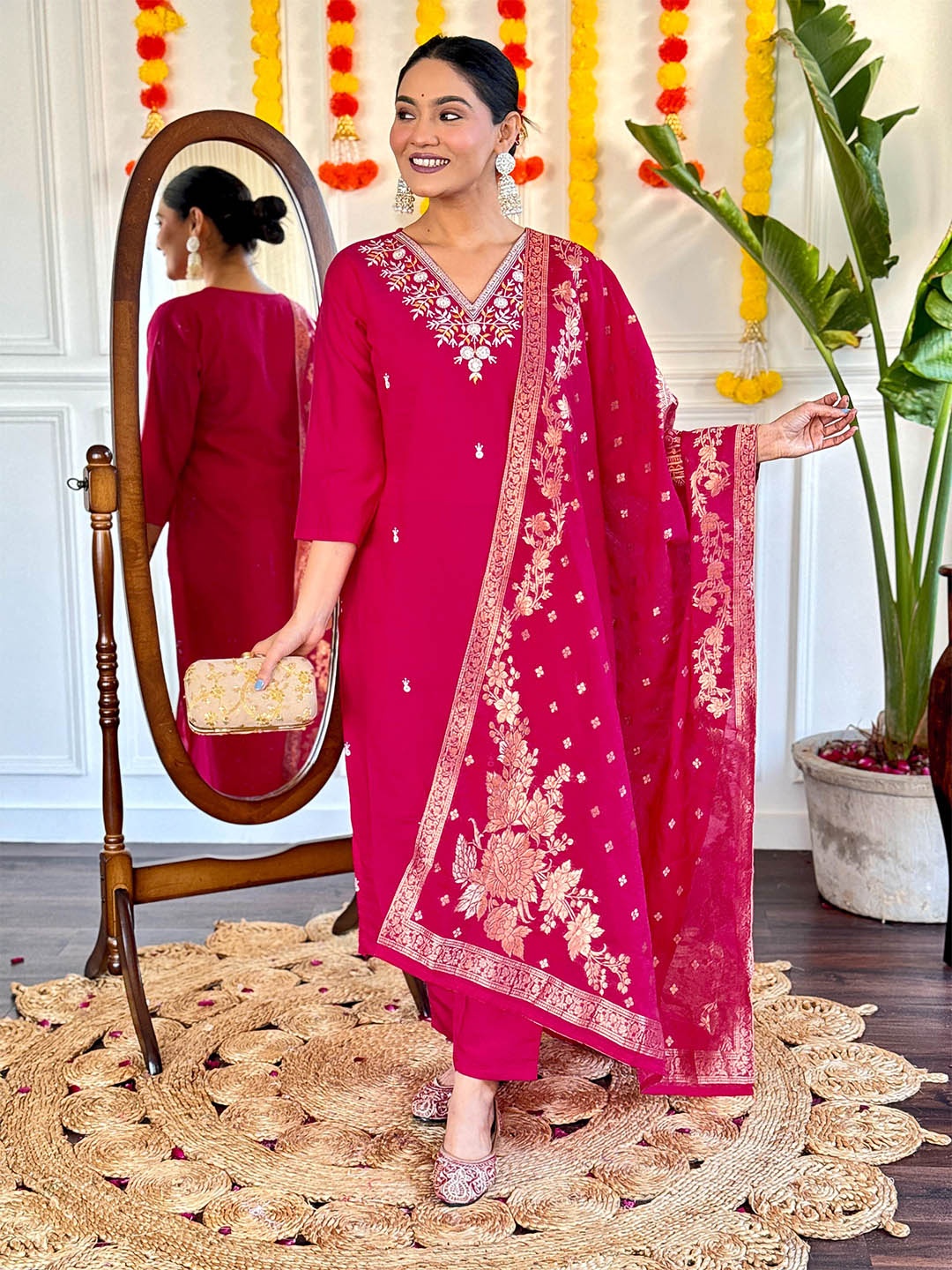 

Growdamy Floral Embroidered Sequinned Chanderi Silk Kurta With Trouser And Dupatta, Pink